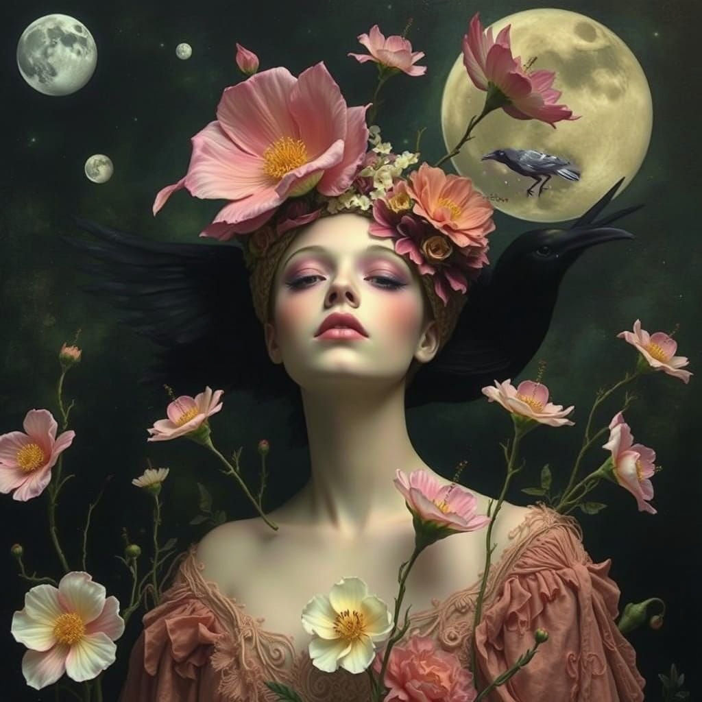 Surreal Flora and Raven in Leonora Carrington Style