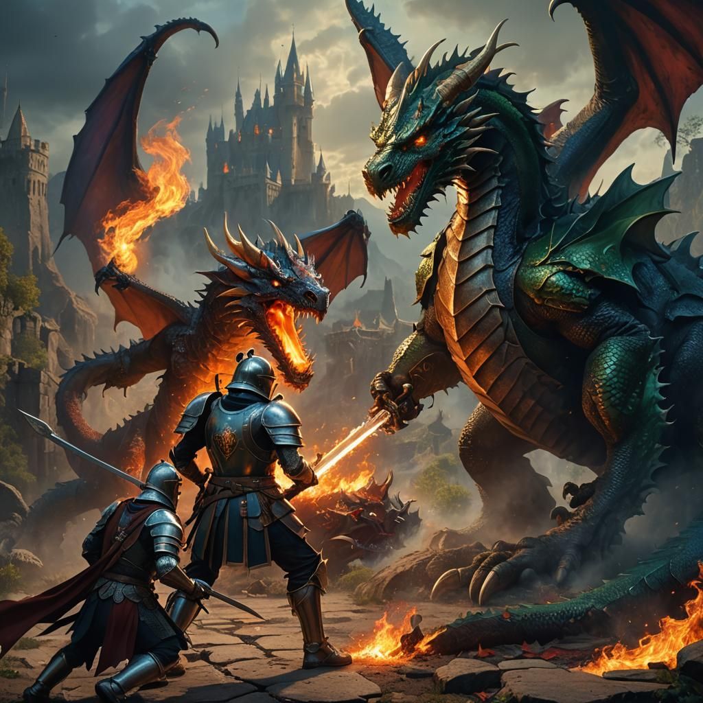 Knight Battles Dragon in Fiery Fantasy Landscape