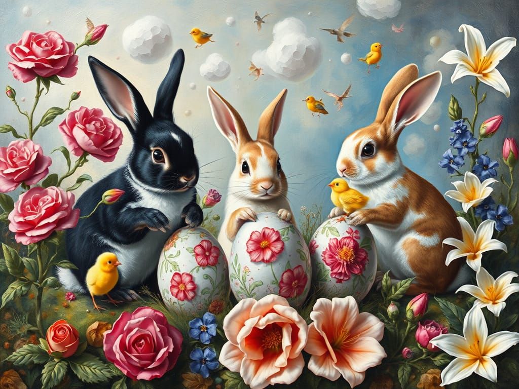 Surreal Bunnies Painting Easter Eggs in a Whimsical Landscap...