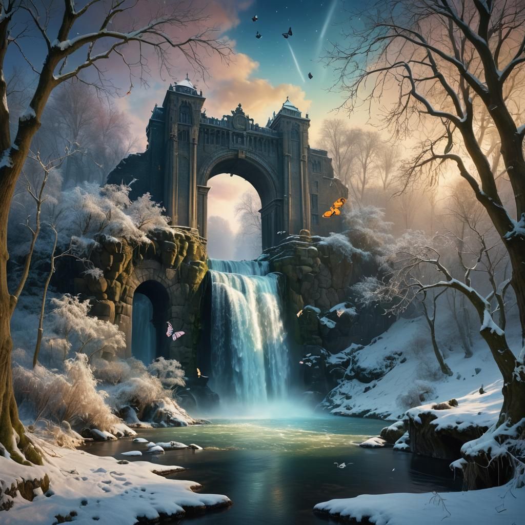 Waterfall Portal to Winter Wonderland: Fantasy Matte Paintin...