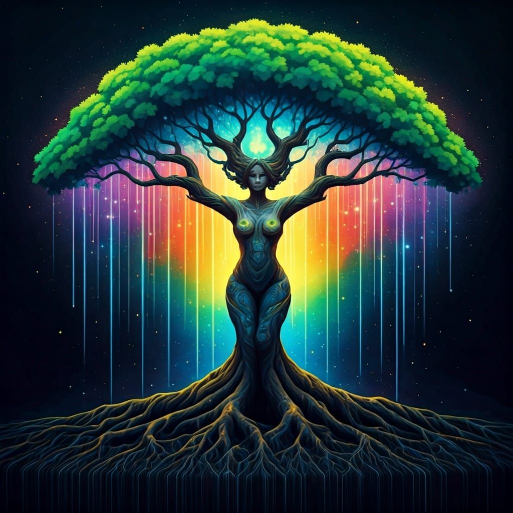 Magnificent Tree Woman in Galaxy Graffiti Art