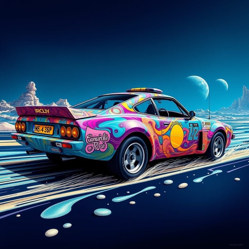 Futuristic Rally Car in Psychedelic Magic Carpet Ride Style