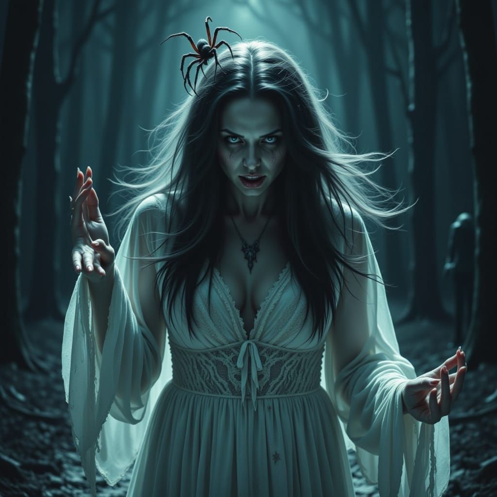 Ghastly Banshee With Glowing Eyes and Spider Companion