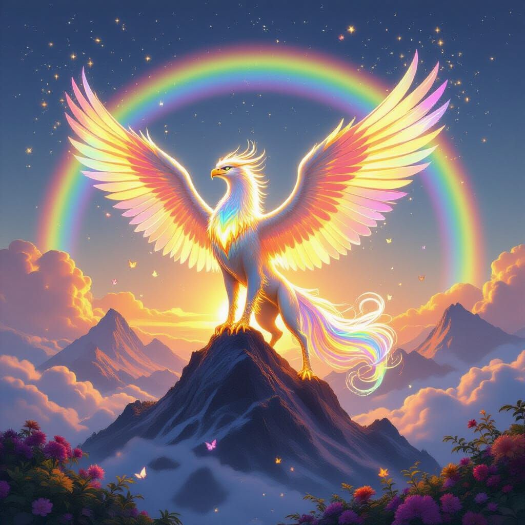 Celestial Griffin Radiating Magic at Sunrise
