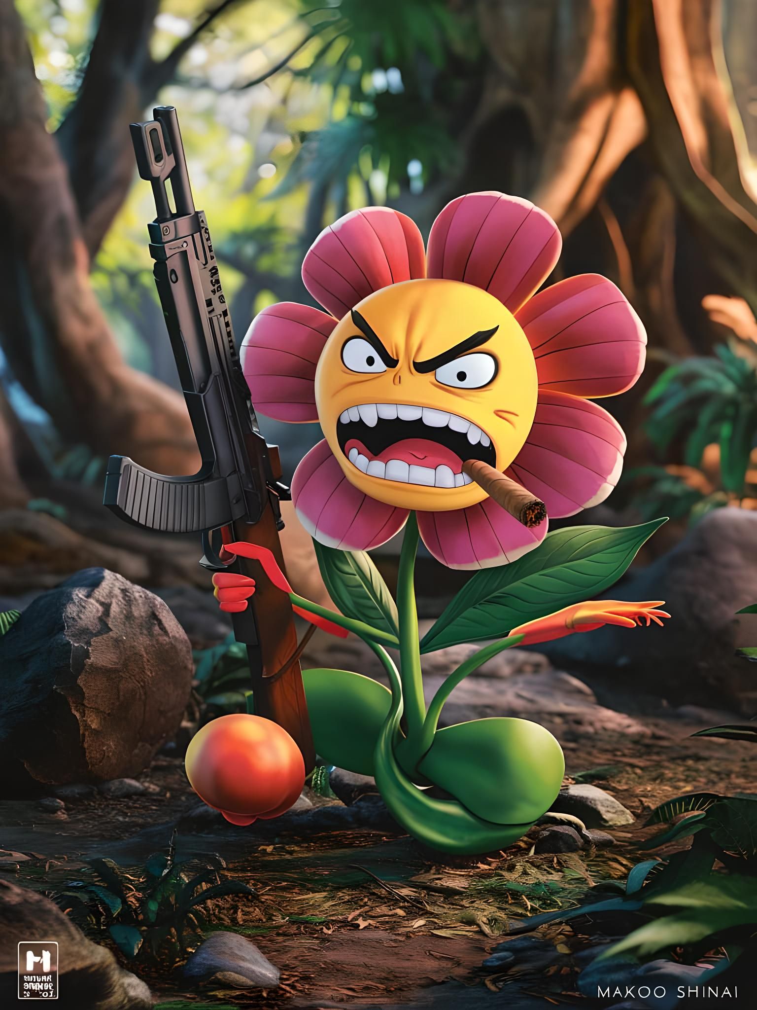 Mutant Flower Rambo in Studio Ghibli Style