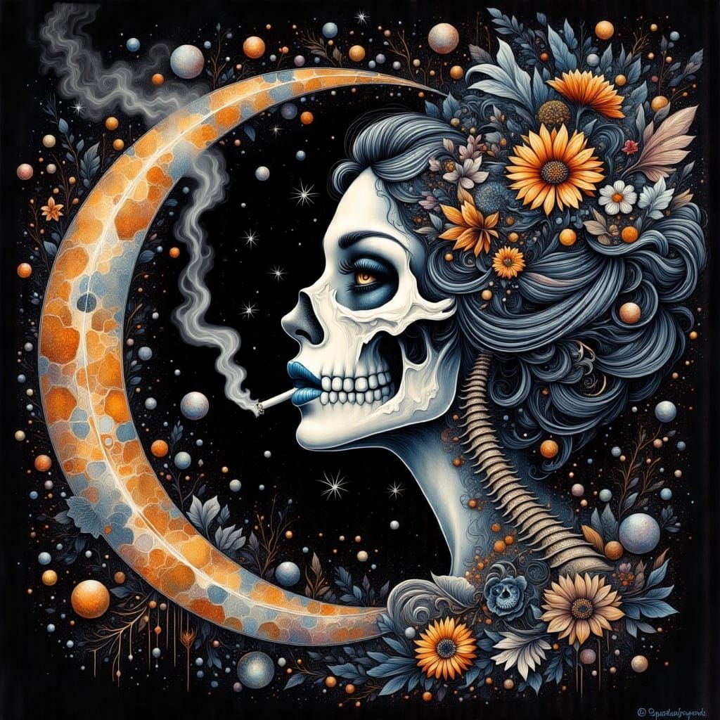 Ethereal Fairy Smokes Under Crescent Moon in Dark, Mixed Med...