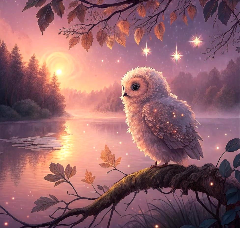Delicate Watercolour Owl in Ethereal Moonlit Scene