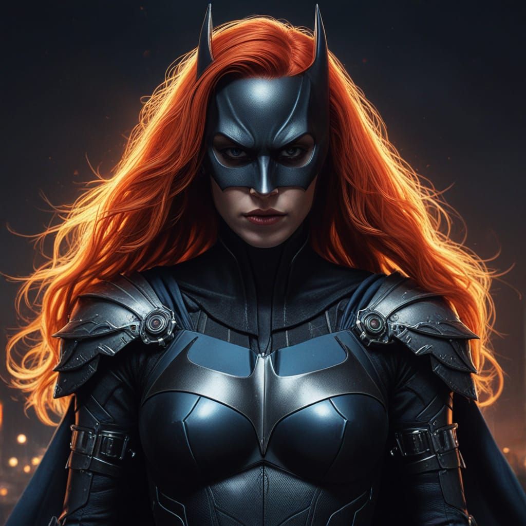 Gothic Batgirl with Fiery Hair in Digital Art