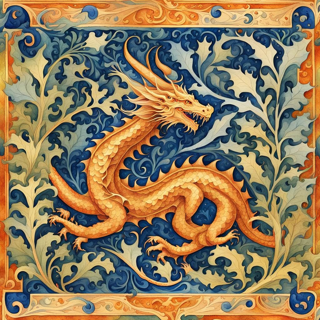Ornate Dragon in Medieval Manuscript Illumination