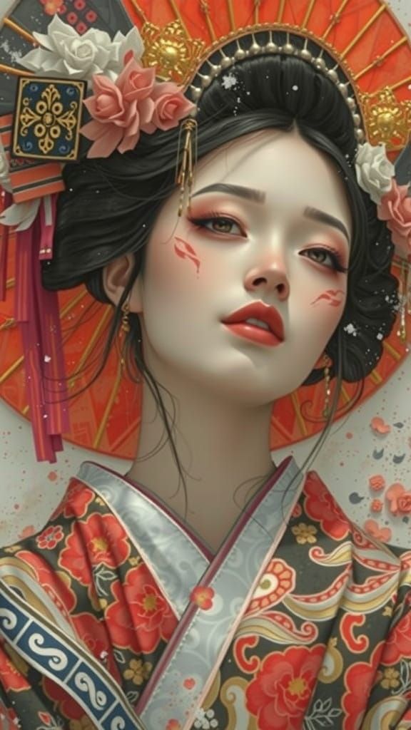Geisha in Kimono with Dramatic Red Eyeshadow
