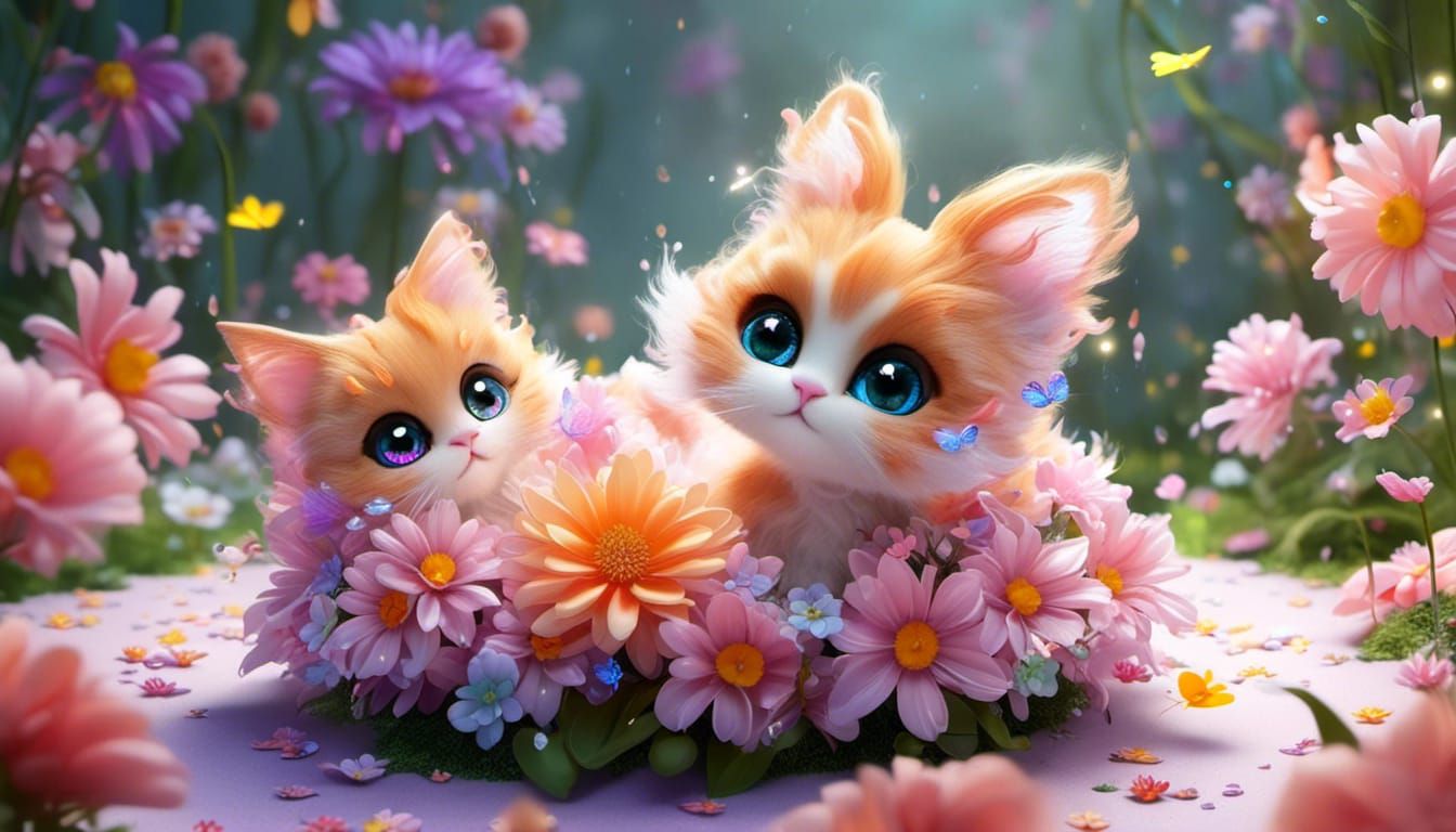 <lora:Pearls and nacre 2:1.0>  Cute fluffy Chibi Cats big ey...