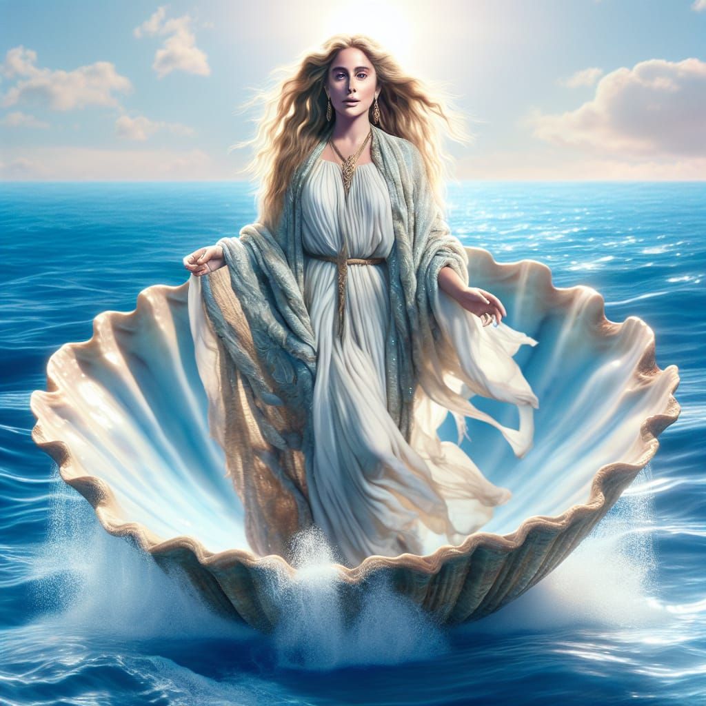 Singer as Aphrodite on Seashell in Azure Sea