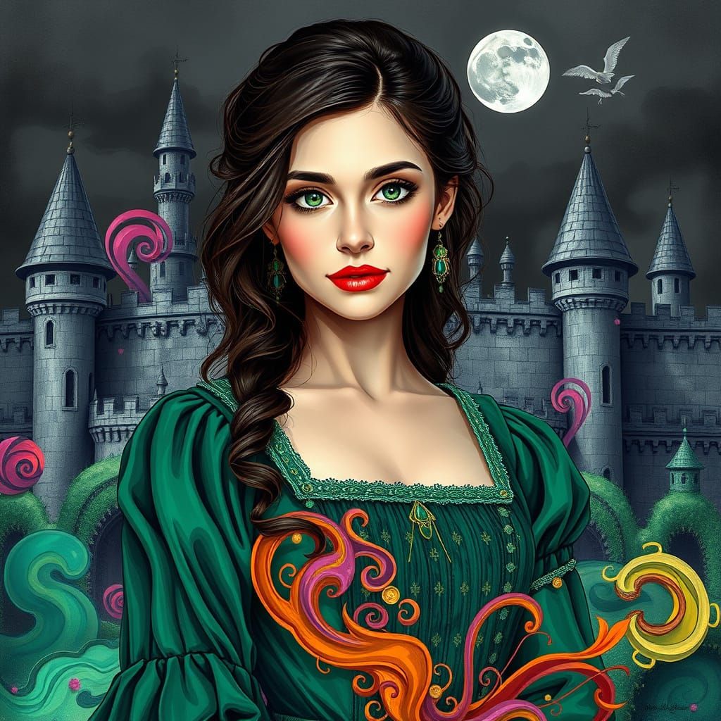 Medieval Woman in Emerald Dress, Gouache Wonderland