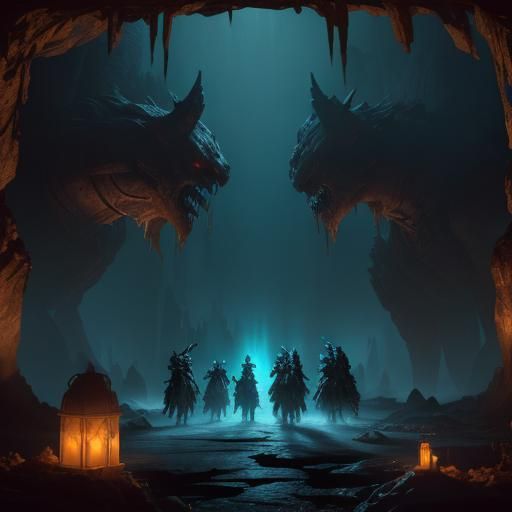 Monsters Praying in Underground Cavern: Dark Fantasy Art