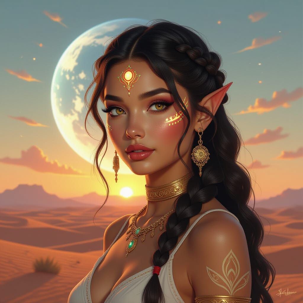 Martian Woman Gazing at Earth, Art Nouveau Digital Painting