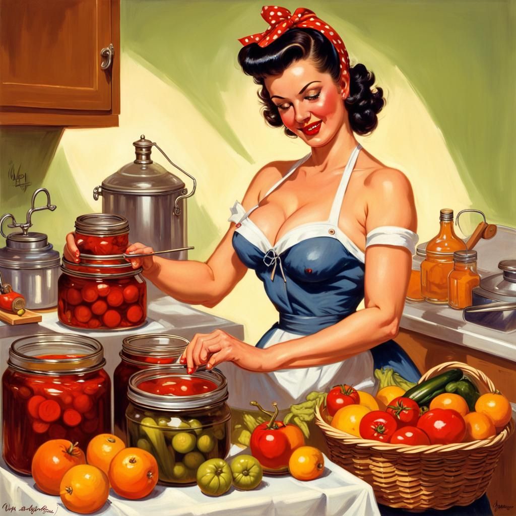 Vintage Pin-Up Art: Domestic Goddess Canning Fruit
