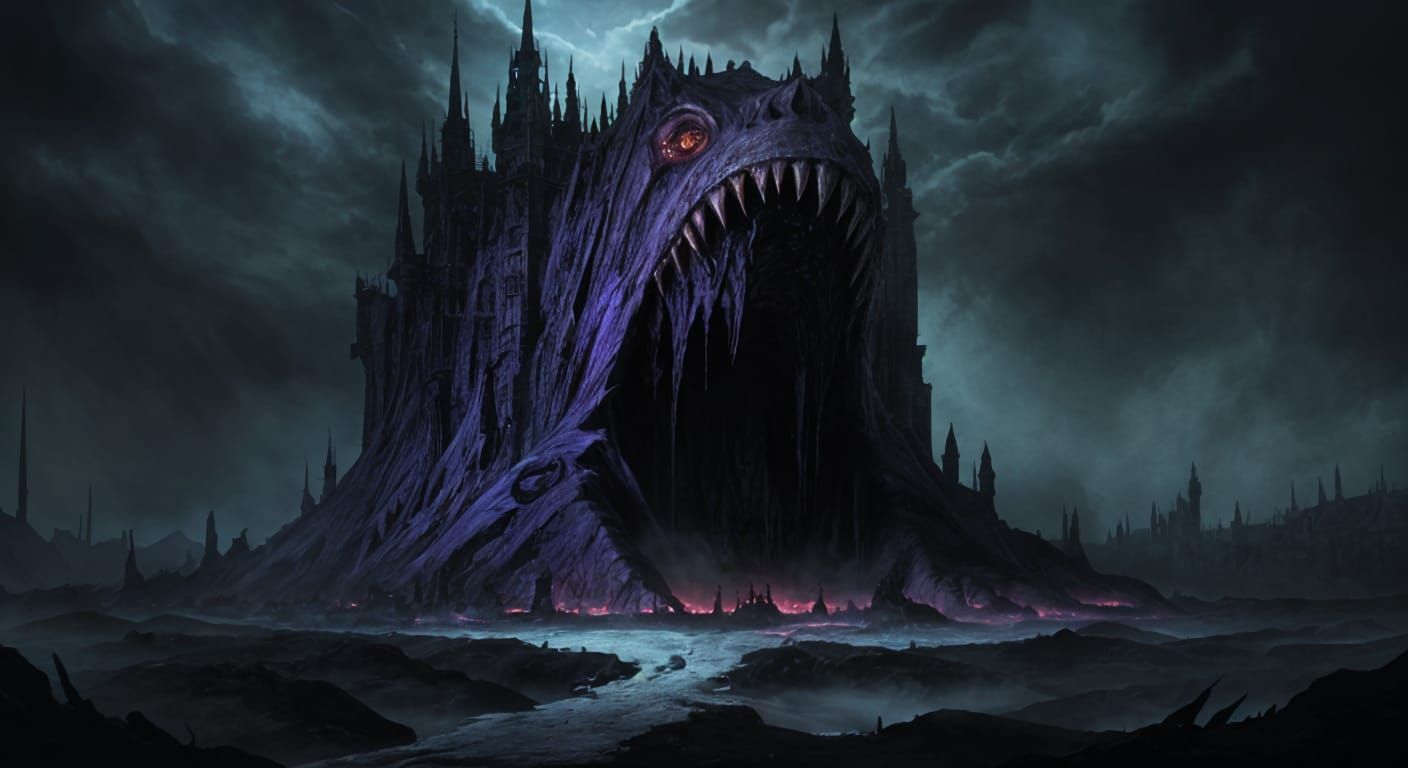 Gargantuan Monster with Haunted House Chest in Hellscape