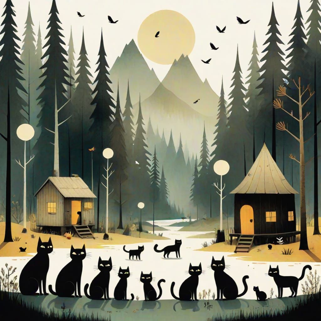 Whimsical Cat Tribe Illustration in Klassen Style