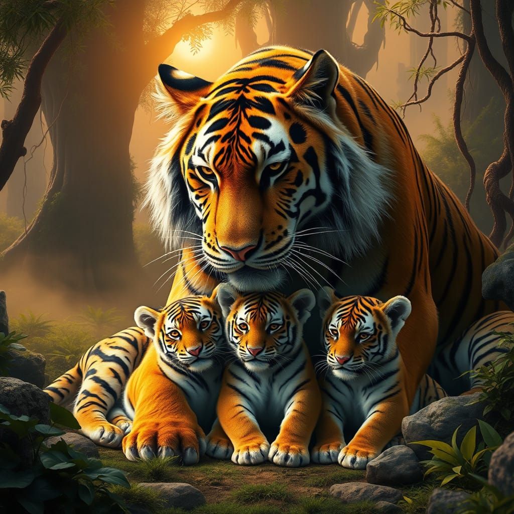 Mother Tiger Tenderly Cares for Her Cubs in a Vibrant Jungle...