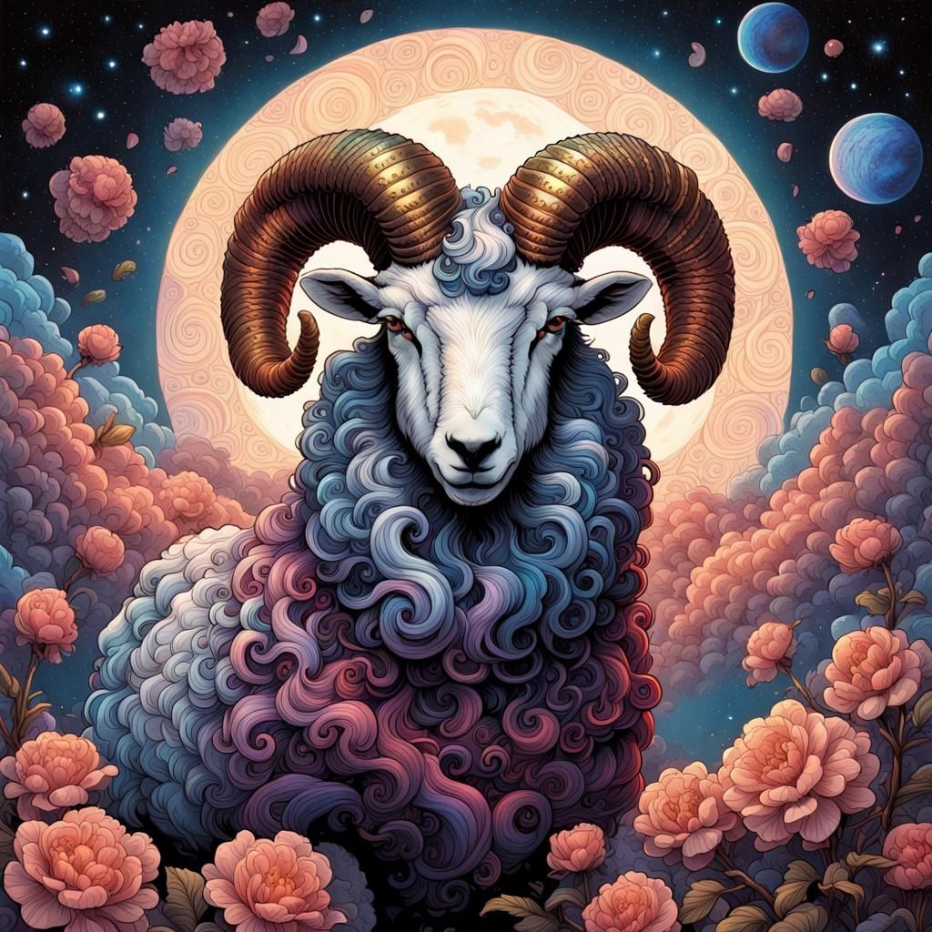 Cosmic Ram Under Starry Night in Gouache Style