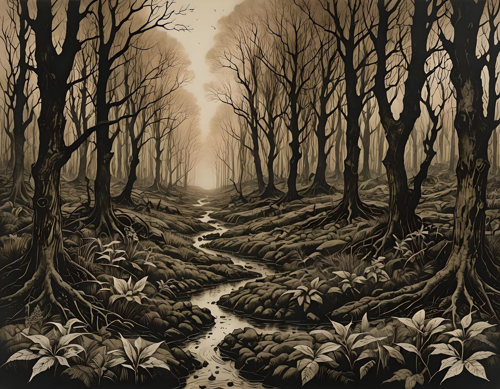 Dystopian Nature Etching in Earthy Tones