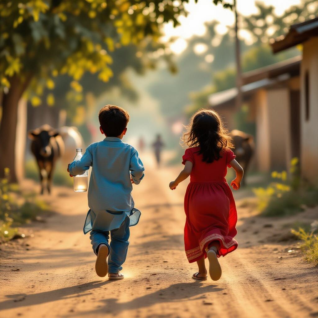 Children Running in Village Lane with Milk Bottle