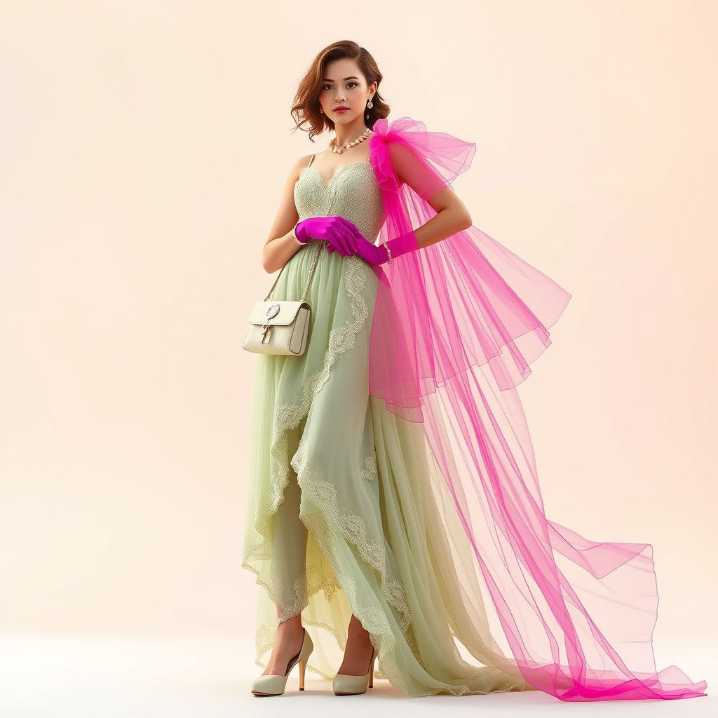 Ethereal Woman in Deconstructed Chiffon Dress, Fuchsia Cape,...