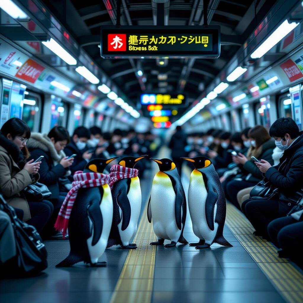 Penguins Wait on Subway Platform in Futuristic Style