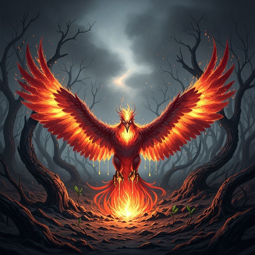 Phoenix Rising from Ashes in a Burnt Forest