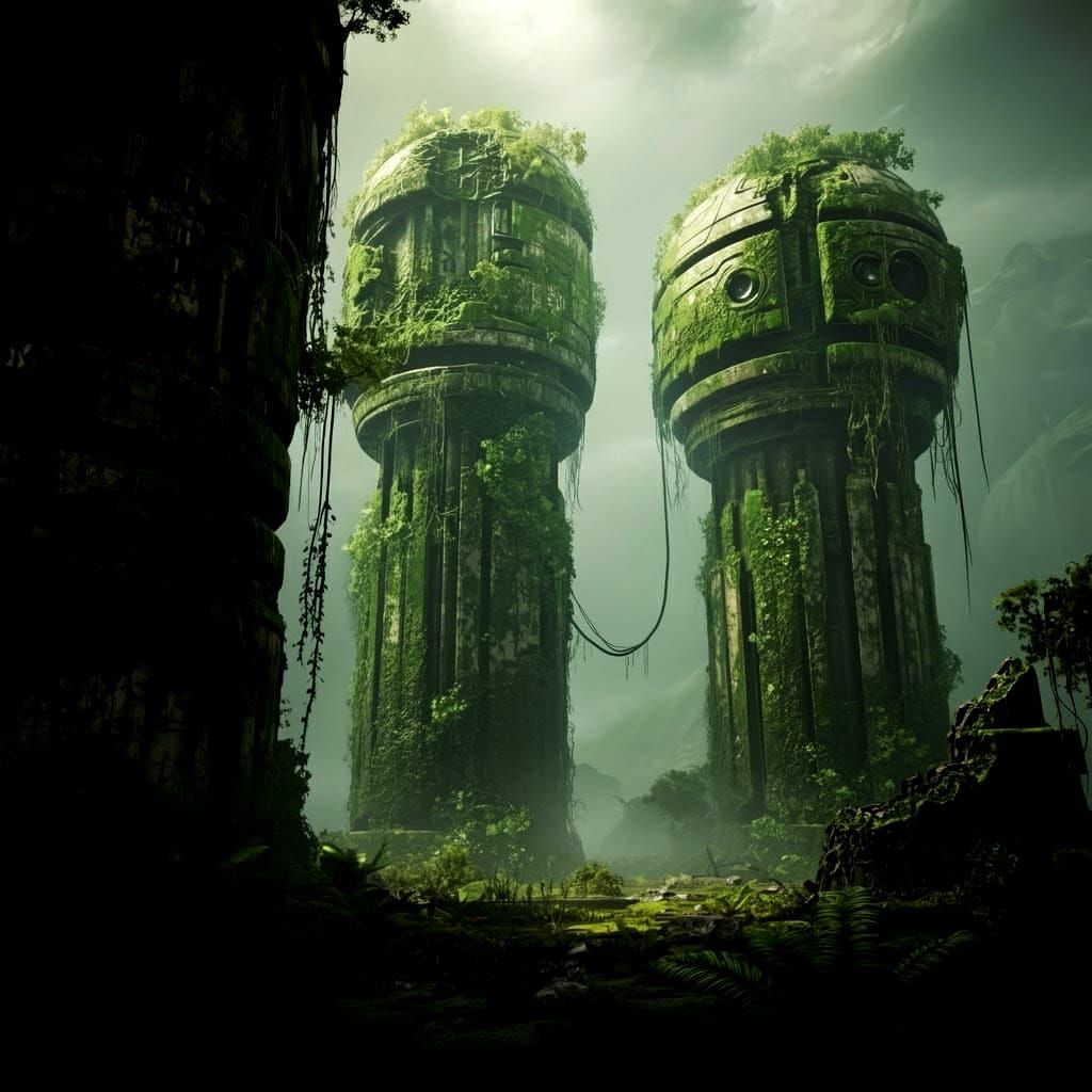 An alien world without inhabitants, artistic technology towe...