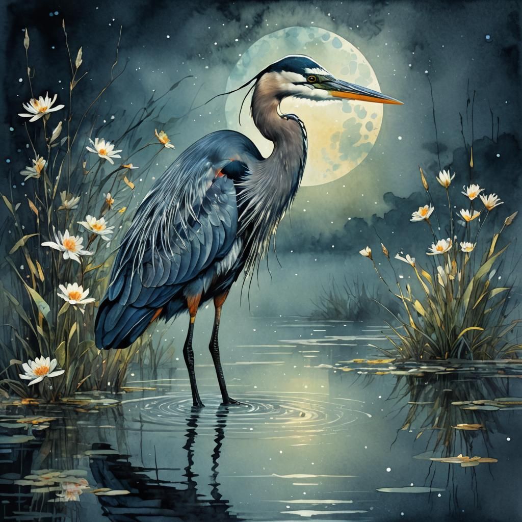Great Blue Heron in Moonlit Waters
