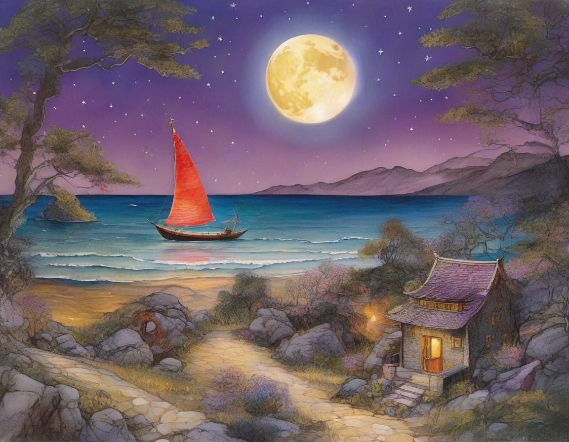 Surreal Moonlit Oriental Village by the Sea in Impasto Water...