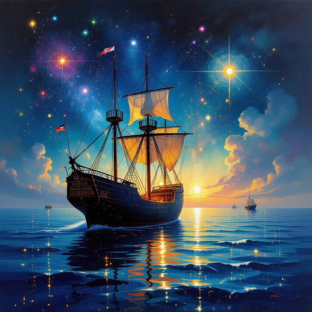 Cosmic Ghost Ship Festival Amidst Starry Sea