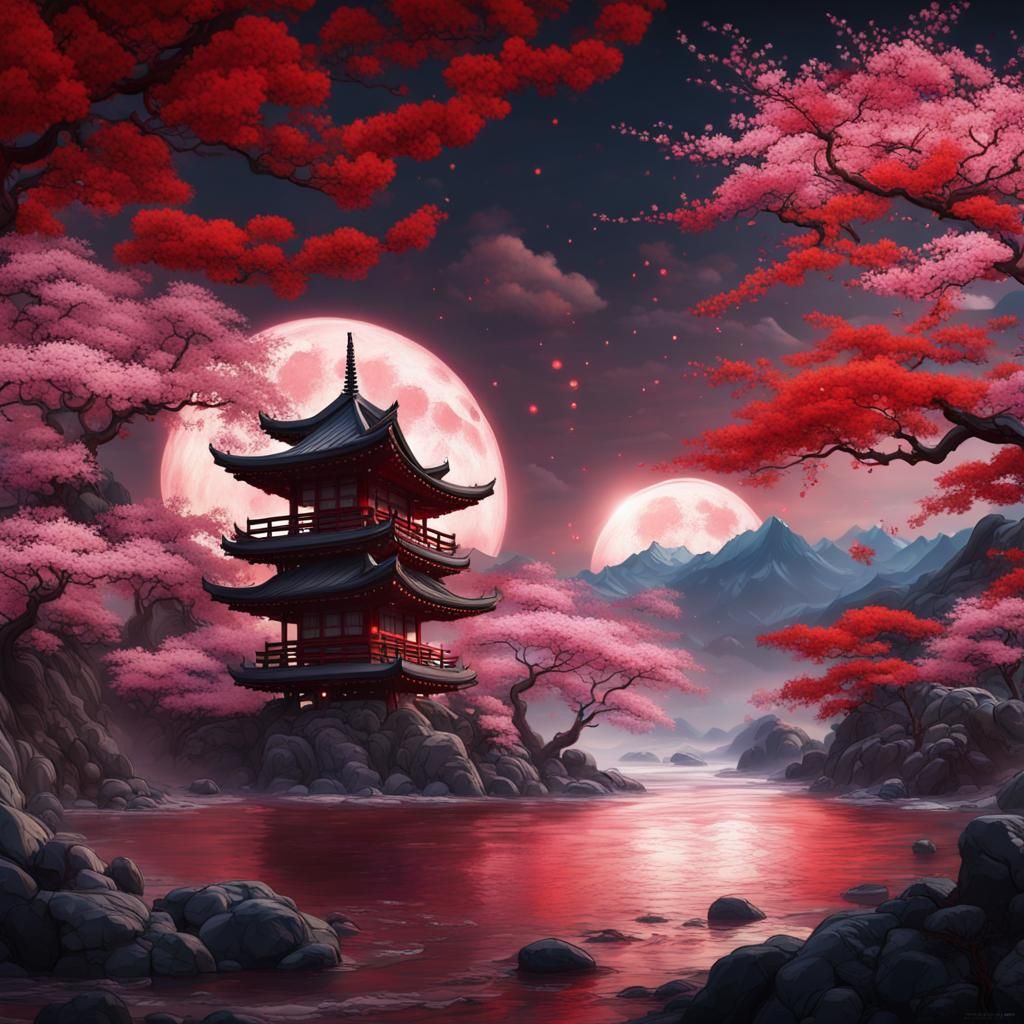 Japanese Tapestry Art: Waves, Blossoms, Red Moon