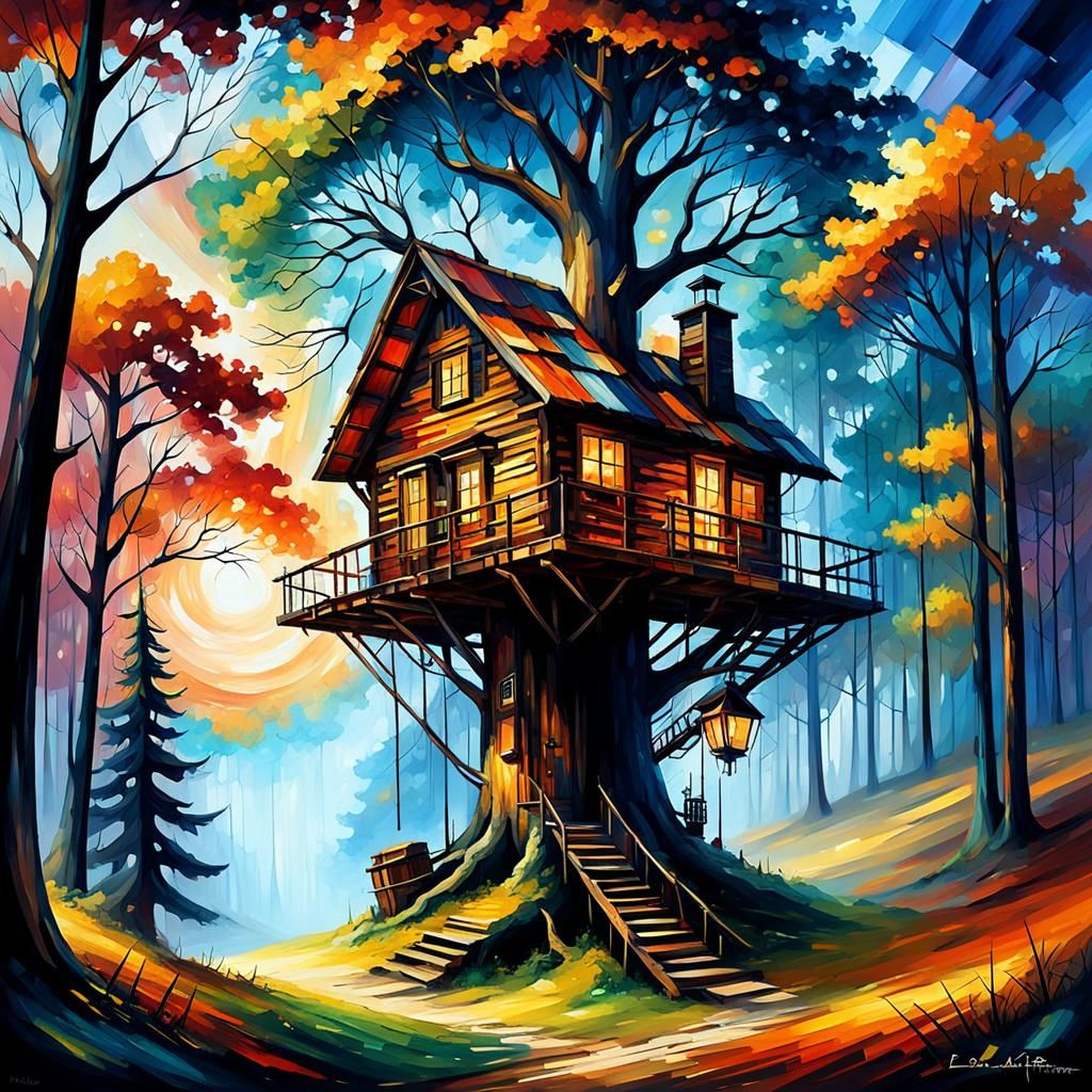 a cabin perched in a very high tree warm colors volumetric l...