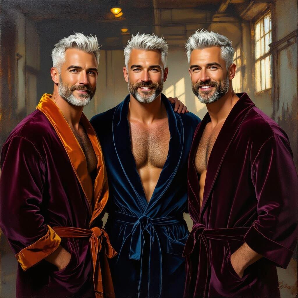 Joyous Hunks in Velvet Robes: Impressionist Oil Painting