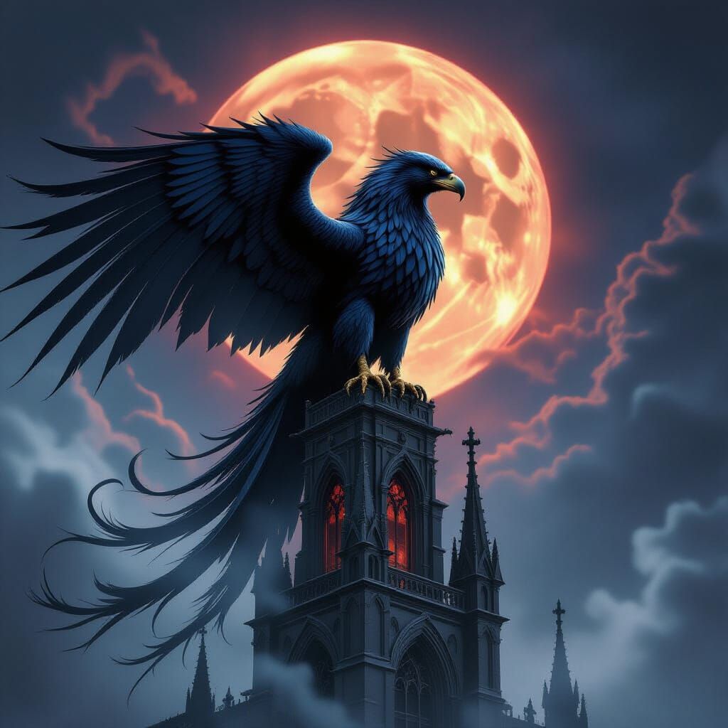 Majestic Obsidian Griffin on Gothic Cathedral Spire
