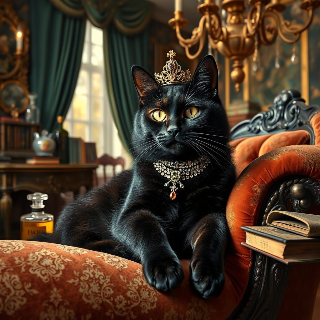 Regal Black Cat in Art Nouveau Boudoir