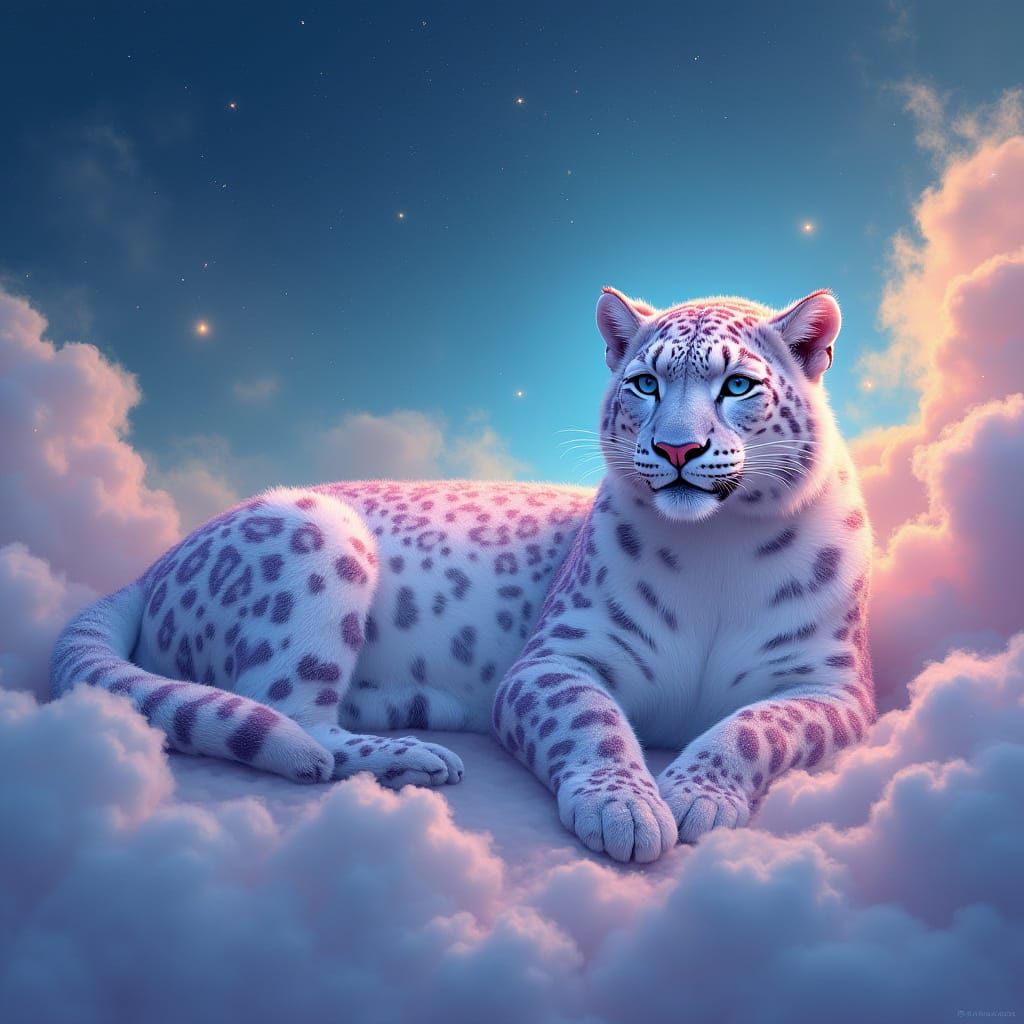 Regal Snow Leopard Adorned with Galaxy Patterns on Cloudy Be...