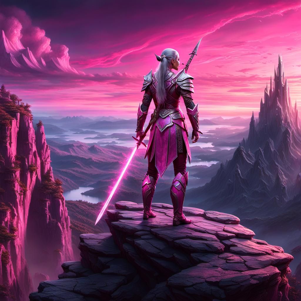 Elf Warrior in Pink Armor with Glowing Sword