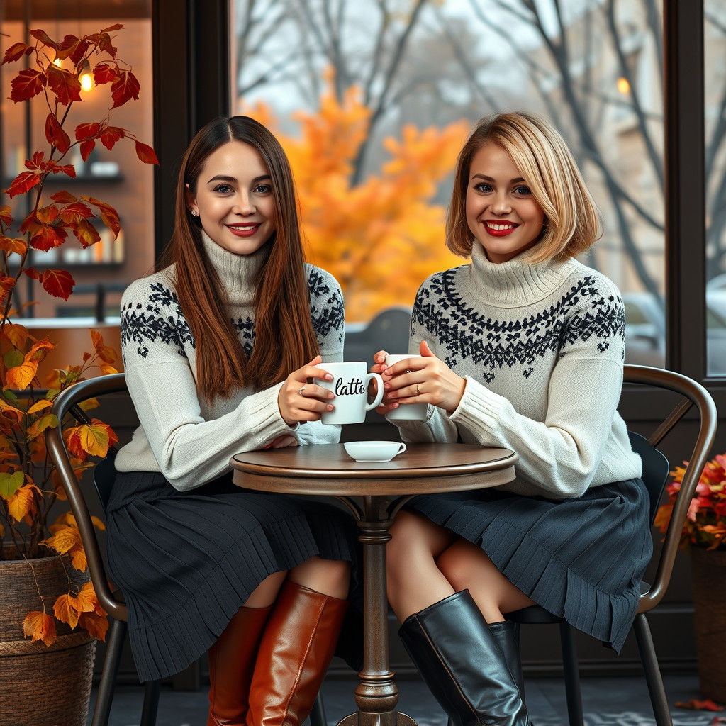 Fall Day Friends at Cozy Cafe, Digital Matte Painting