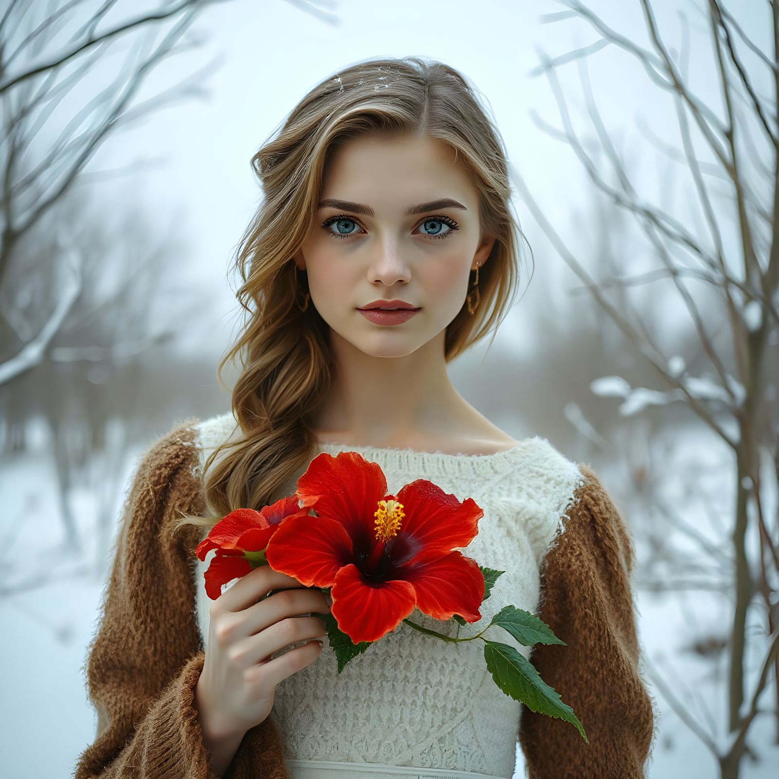 Woman in Winter Landscape Holding Hibiscus