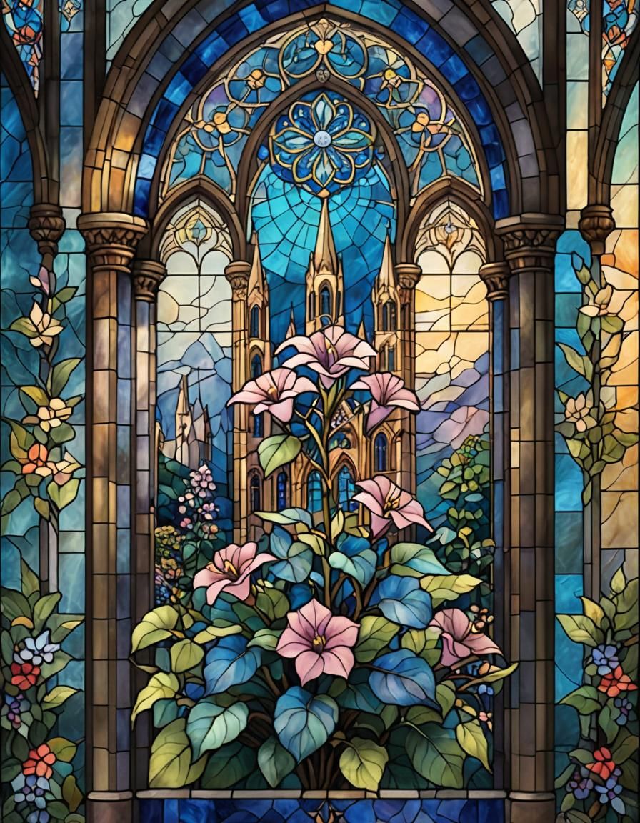 Cathedral Stained Glass with Blue Gloxinia Flower