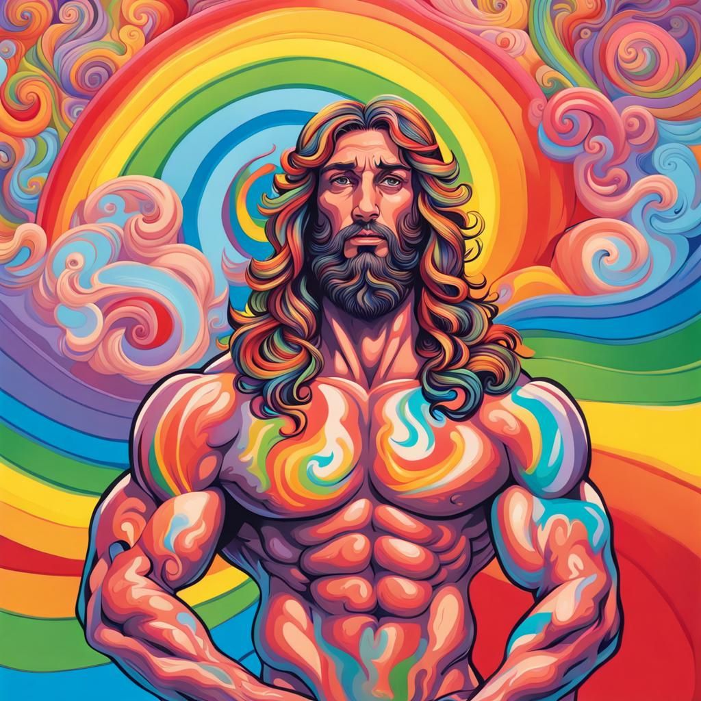 Rainbow Jesus Bodybuilder in Gouache Candyland