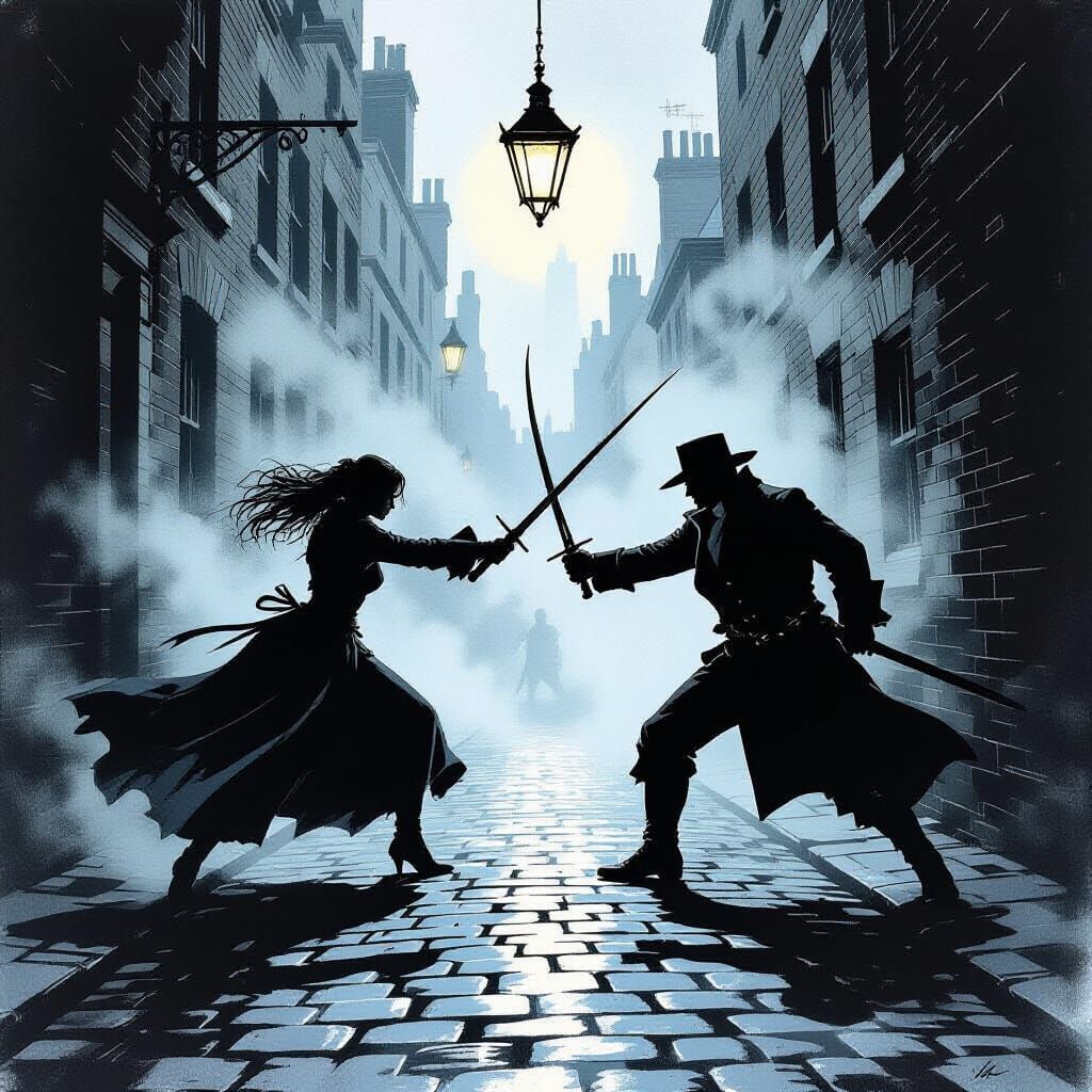 Victorian Sword Duel in Noir Style