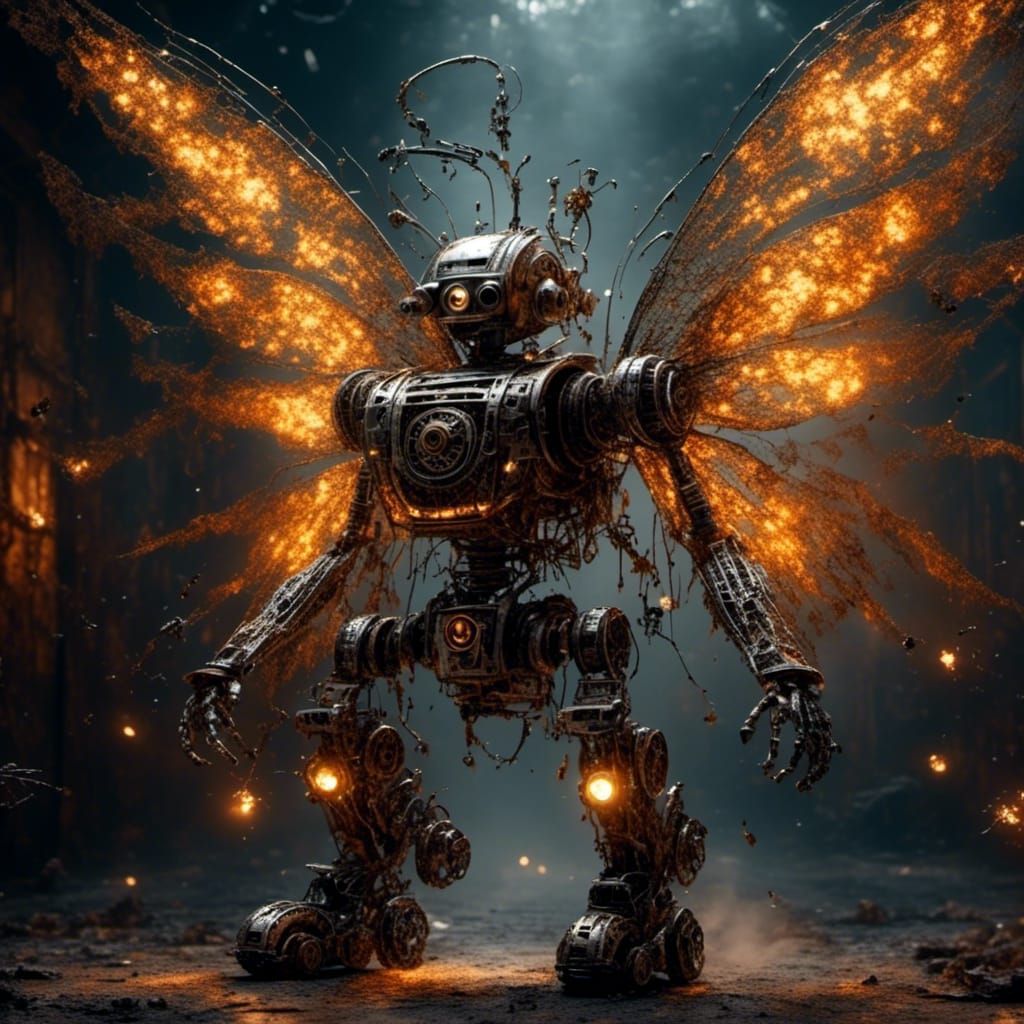 Robot Fairy with Steampunk Wings in Junkyard