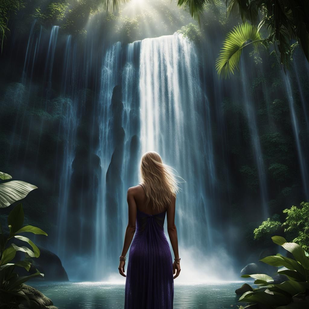 Woman Showering in Waterfall: Hyper-Realistic Fantasy Art