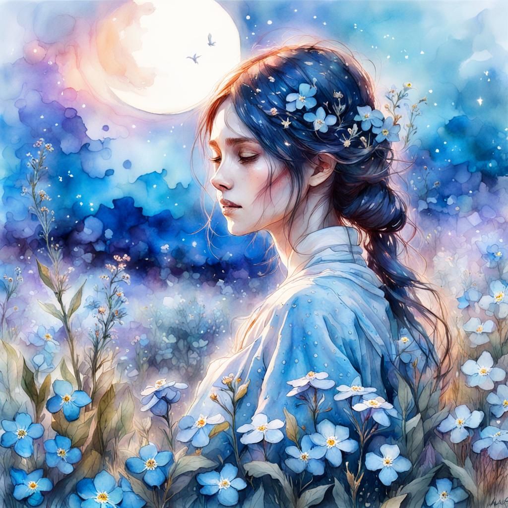 Blooming Forget-Me-Nots Under Moonlight: Watercolor Art