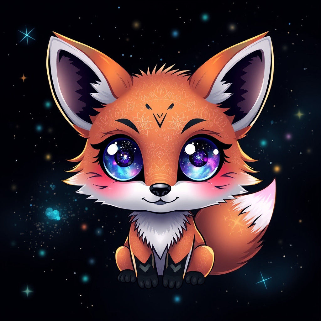 Chibi Fox with Galaxy Eyes: Holographic Astral Art