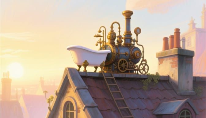 Steampunk Engine at Dawn on Rooftop